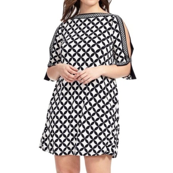 NEW NWT SANDRA DARREN Black Green Teal Geometric Geo Cold Shoulder Cutout Dress - Picture 3 of 16